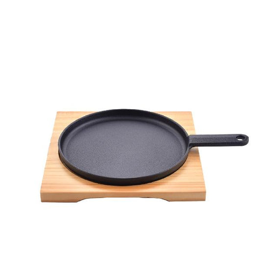 Frying Pan and Wooden Base Board - Durable frying pan with a heat-resistant wooden base, perfect for serving sizzling dishes