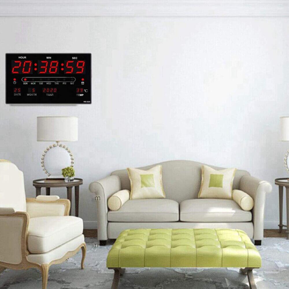 LED Digital Wall Calendar Clock - Modern electronic clock with large LED display for time, date, and temperature