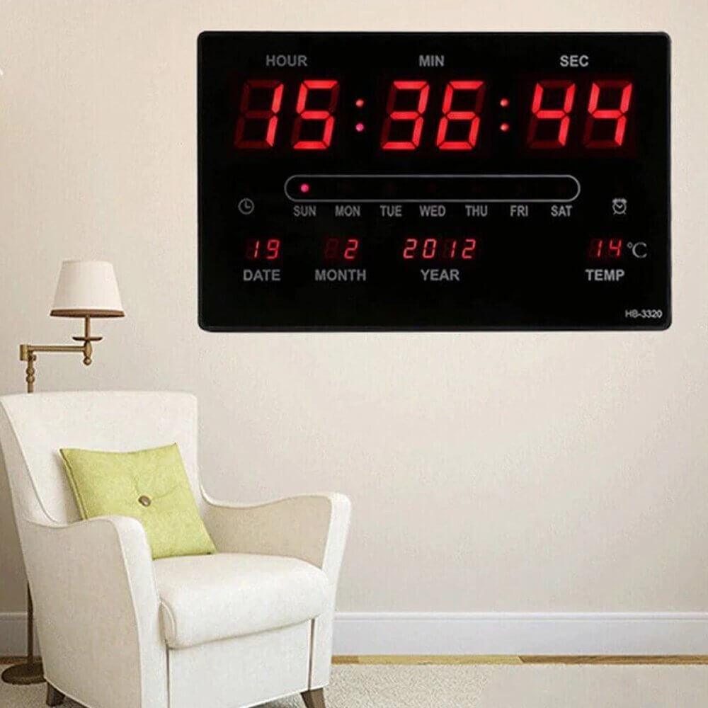 LED Digital Wall Calendar Clock - Modern electronic clock with large LED display for time, date, and temperature