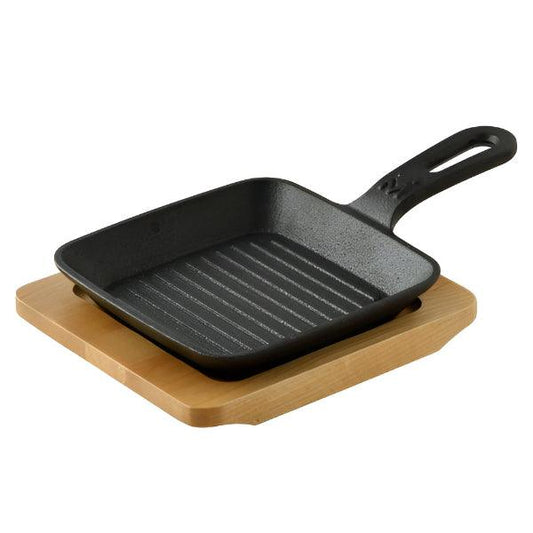 Pan Square Skillet with Wooden Base Board - Durable square skillet with a stylish wooden base for serving and cooking