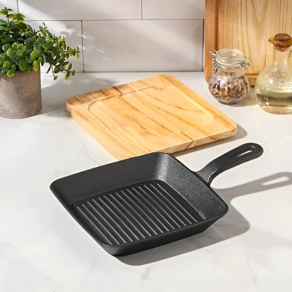 Pan Square Skillet with Wooden Base Board - Durable square skillet with a stylish wooden base for serving and cooking