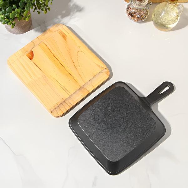 Pan Square Skillet with Wooden Base Board - Durable square skillet with a stylish wooden base for serving and cooking