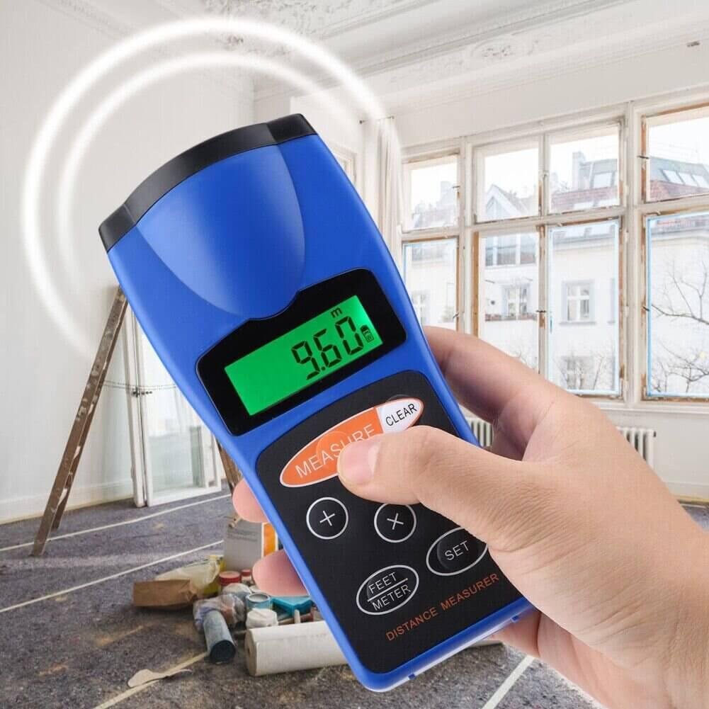 Ultrasonic Laser Distance Measurer - LCD display, high-precision measurement, and multiple unit conversion for construction and DIY projects.